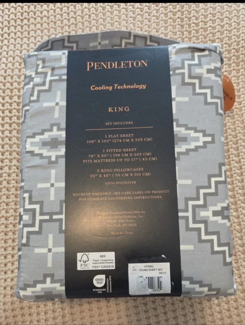 Pendleton Cooling Technology King Sheet Set In Grey Aztec Print
